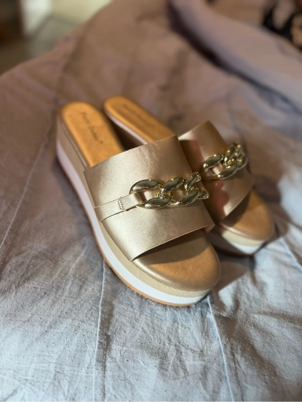 Pierre Dumas Gold and Beige Platform Slide with Chain Accent